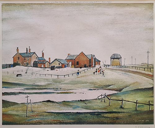 Lowry prints, landscape with farm buildings