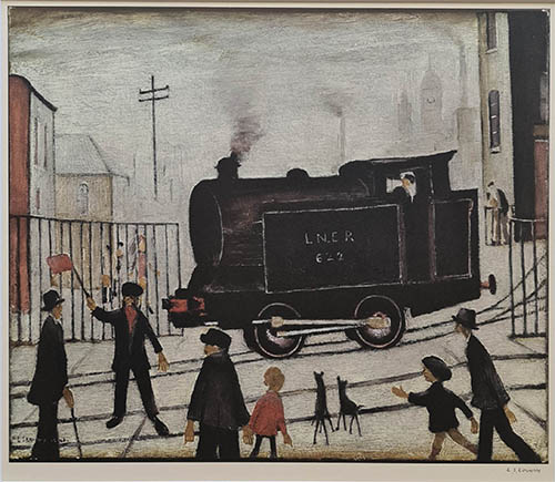 Lowry prints, level crossing with train