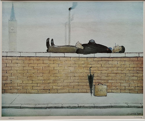 lowry, prints, man lying on a wall