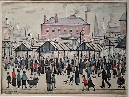 lowry, prints, market scene in a northern town