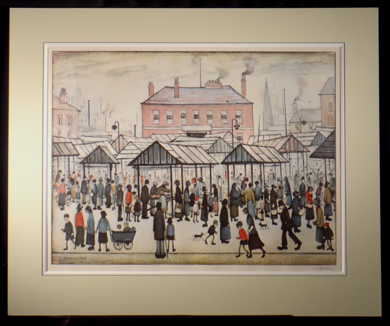 Lowry, market scene in a northern town, signed print