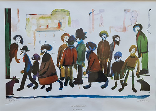 lowry, signed, prints, people standing about